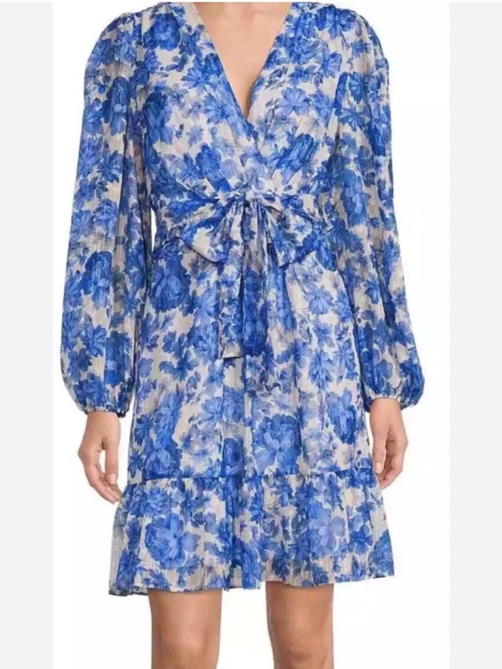 Alex Marie 6 Simone Cobalt Floral Print Puff Sleeve Tiered Wrap V-neck Dress